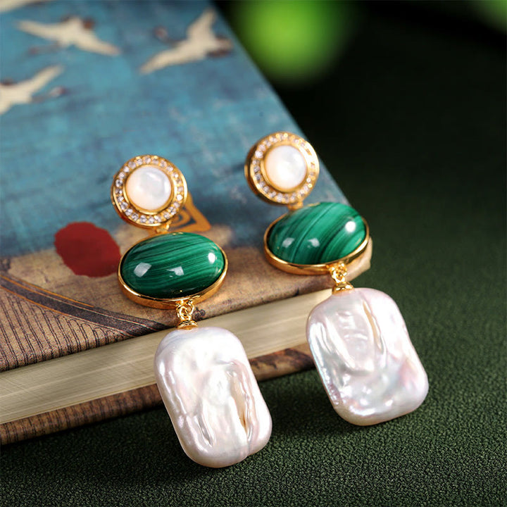 Buddha Stones 925 Sterling Silver Natural Baroque Pearl Malachite Healing Wisdom Drop Earrings - image 3