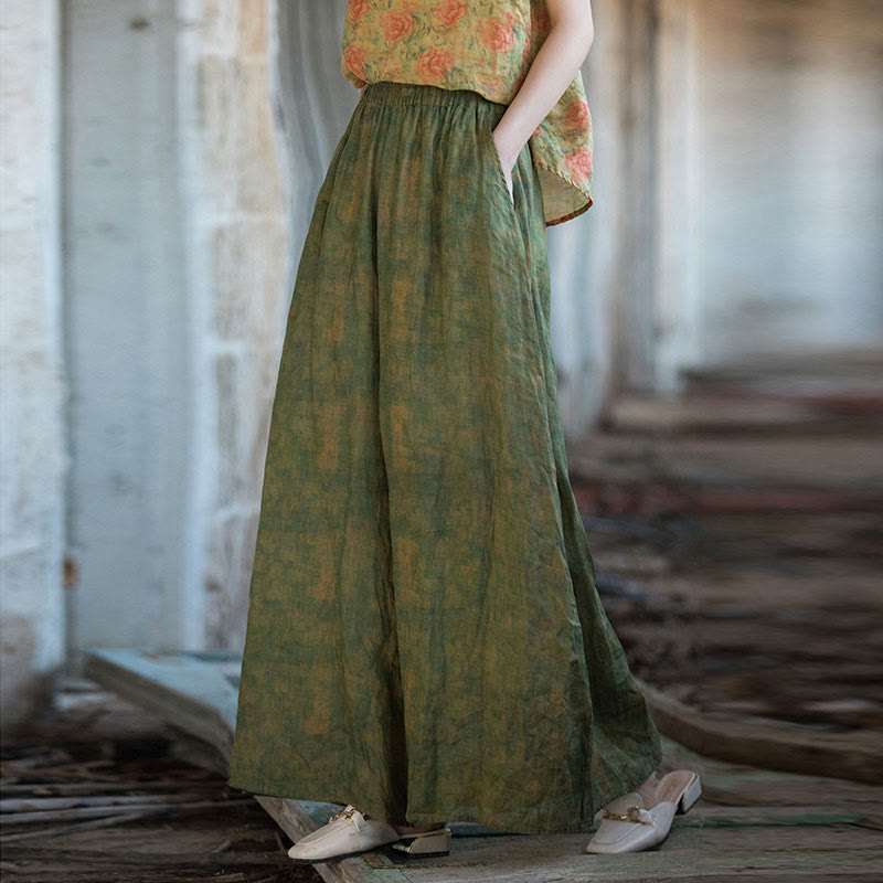 Buddha Stones Green Yellow Ramie Linen Flexible Waistband Wide Leg Pants With Pockets - Green-US4-8/10，UK/AU8-12/14，EU36-40/42 (F) - image 0