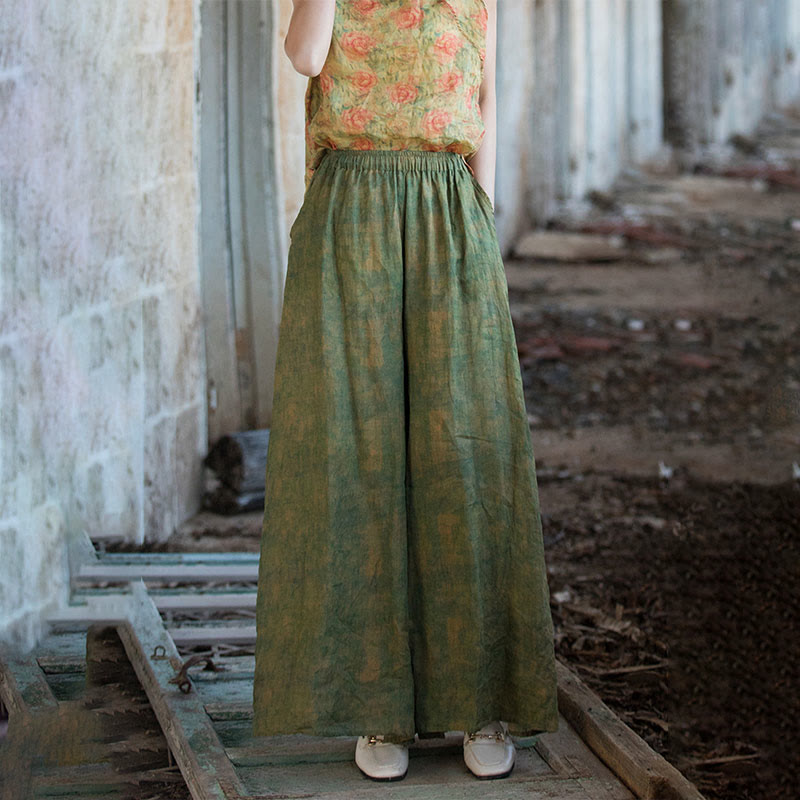 Buddha Stones Green Yellow Ramie Linen Flexible Waistband Wide Leg Pants With Pockets - image 4
