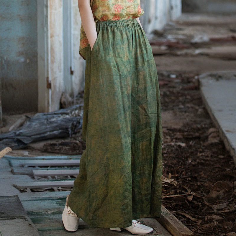 Buddha Stones Green Yellow Ramie Linen Flexible Waistband Wide Leg Pants With Pockets - image 2