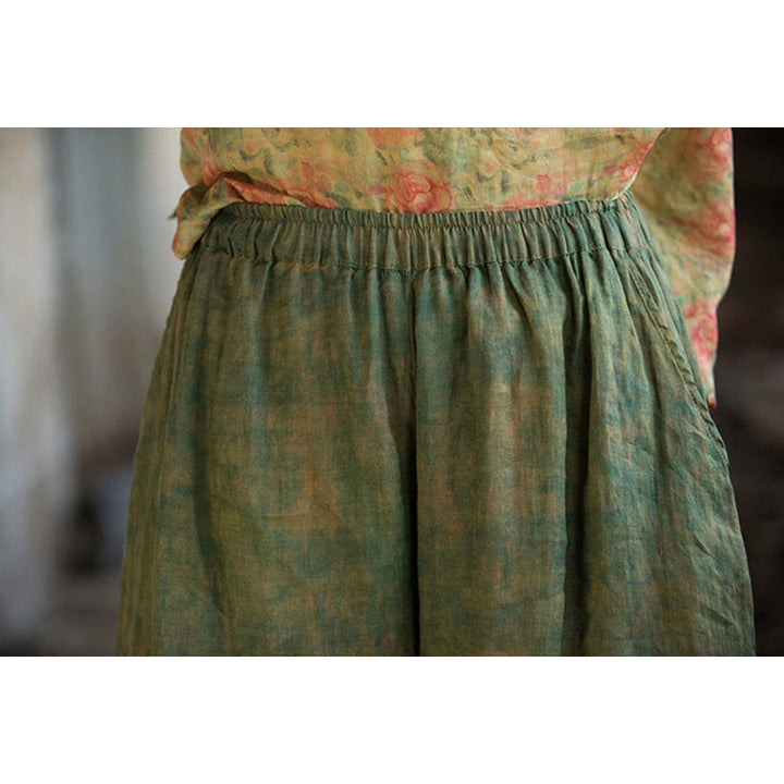 Buddha Stones Green Yellow Ramie Linen Flexible Waistband Wide Leg Pants With Pockets - image 9