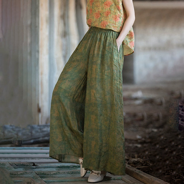 Buddha Stones Green Yellow Ramie Linen Flexible Waistband Wide Leg Pants With Pockets - image 3