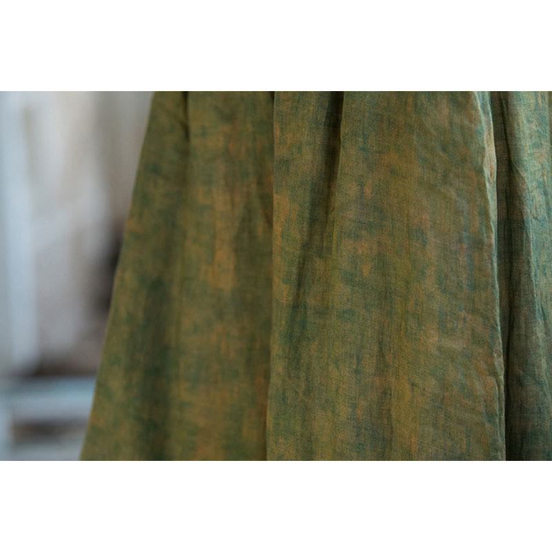 Buddha Stones Green Yellow Ramie Linen Flexible Waistband Wide Leg Pants With Pockets - image 12