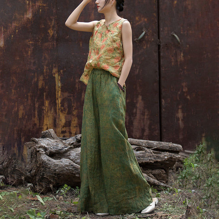 Buddha Stones Green Yellow Ramie Linen Flexible Waistband Wide Leg Pants With Pockets - image 21