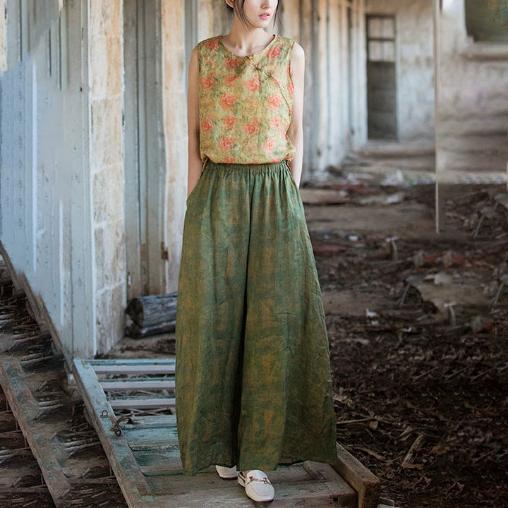 Buddha Stones Green Yellow Ramie Linen Flexible Waistband Wide Leg Pants With Pockets - image 18
