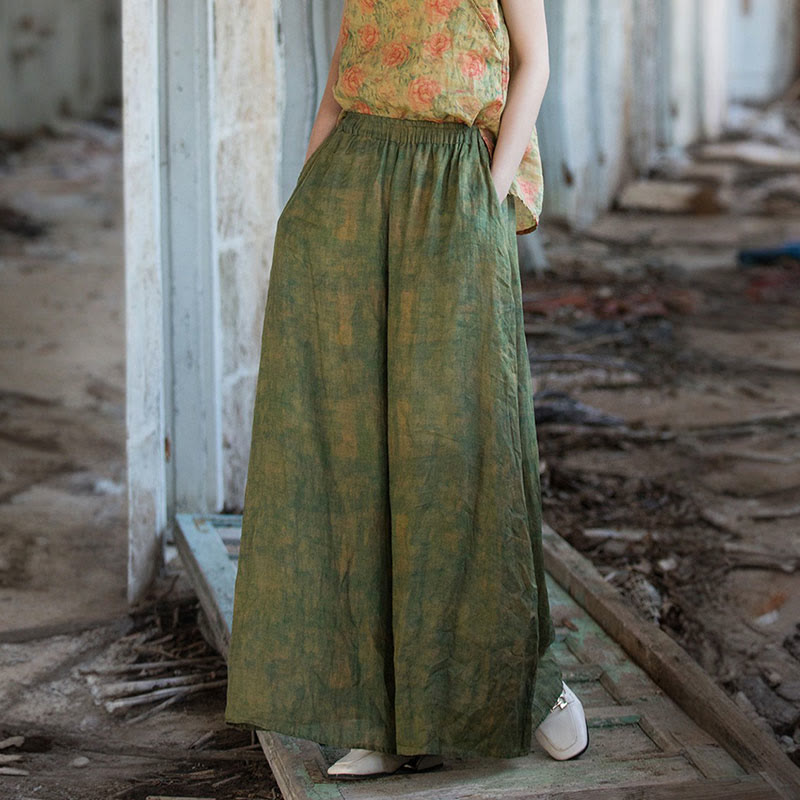 Buddha Stones Green Yellow Ramie Linen Flexible Waistband Wide Leg Pants With Pockets - image 1