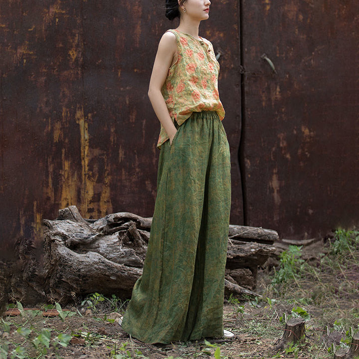 Buddha Stones Green Yellow Ramie Linen Flexible Waistband Wide Leg Pants With Pockets - image 19