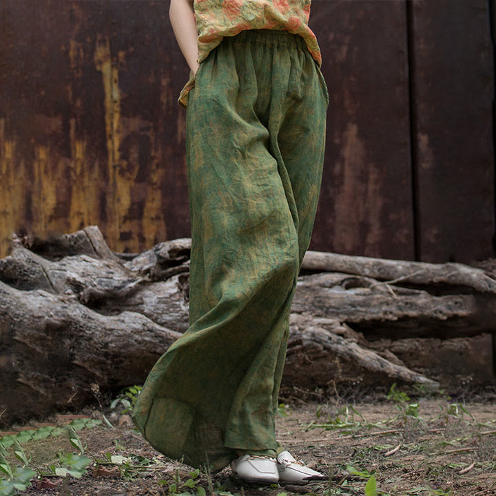 Buddha Stones Green Yellow Ramie Linen Flexible Waistband Wide Leg Pants With Pockets - image 5