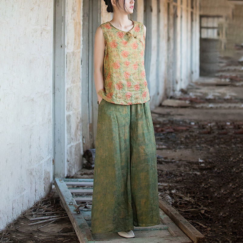 Buddha Stones Green Yellow Ramie Linen Flexible Waistband Wide Leg Pants With Pockets - image 17