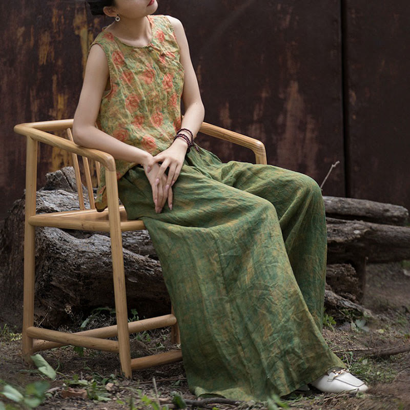 Buddha Stones Green Yellow Ramie Linen Flexible Waistband Wide Leg Pants With Pockets - image 14