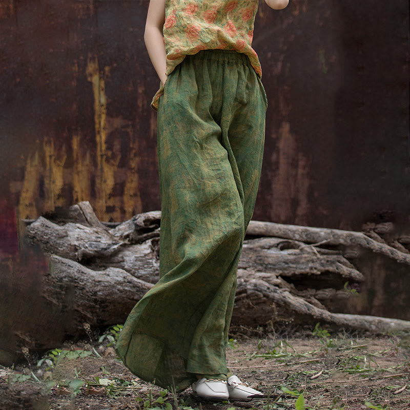 Buddha Stones Green Yellow Ramie Linen Flexible Waistband Wide Leg Pants With Pockets - image 7