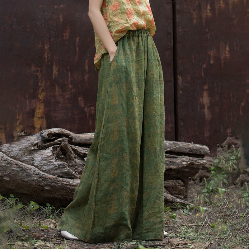 Buddha Stones Green Yellow Ramie Linen Flexible Waistband Wide Leg Pants With Pockets - image 6