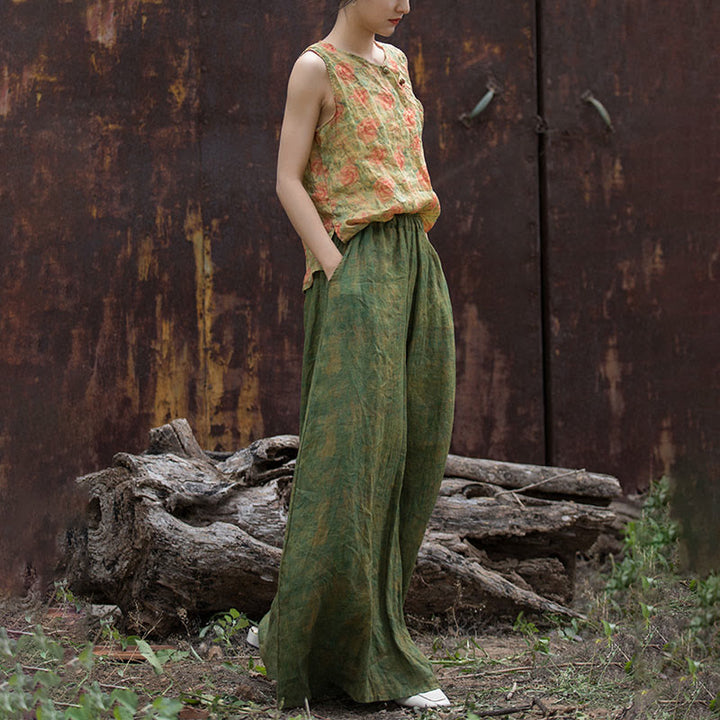 Buddha Stones Green Yellow Ramie Linen Flexible Waistband Wide Leg Pants With Pockets - image 23