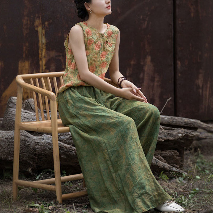 Buddha Stones Green Yellow Ramie Linen Flexible Waistband Wide Leg Pants With Pockets - image 15