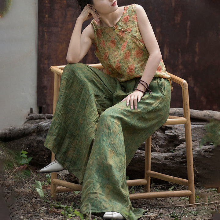 Buddha Stones Green Yellow Ramie Linen Flexible Waistband Wide Leg Pants With Pockets - image 16