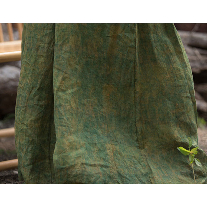 Buddha Stones Green Yellow Ramie Linen Flexible Waistband Wide Leg Pants With Pockets - image 11