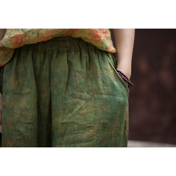 Buddha Stones Green Yellow Ramie Linen Flexible Waistband Wide Leg Pants With Pockets - image 10