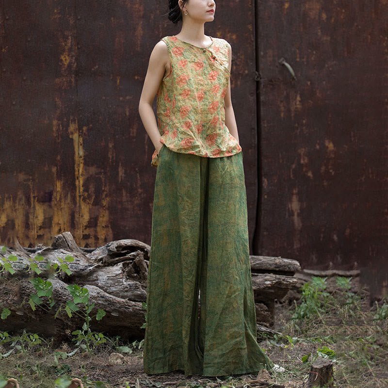 Buddha Stones Green Yellow Ramie Linen Flexible Waistband Wide Leg Pants With Pockets - image 22