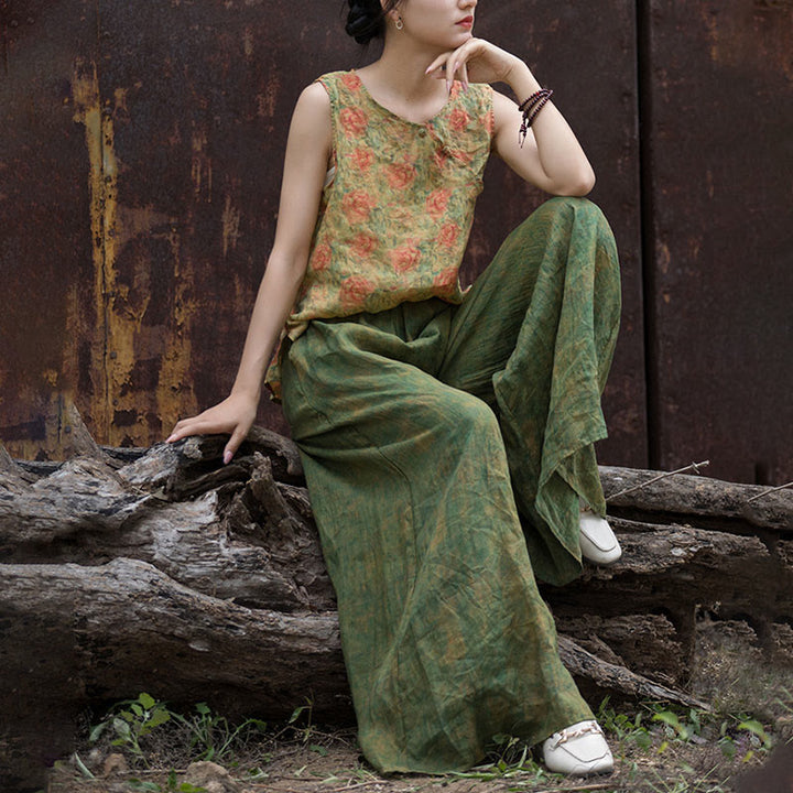 Buddha Stones Green Yellow Ramie Linen Flexible Waistband Wide Leg Pants With Pockets - image 13