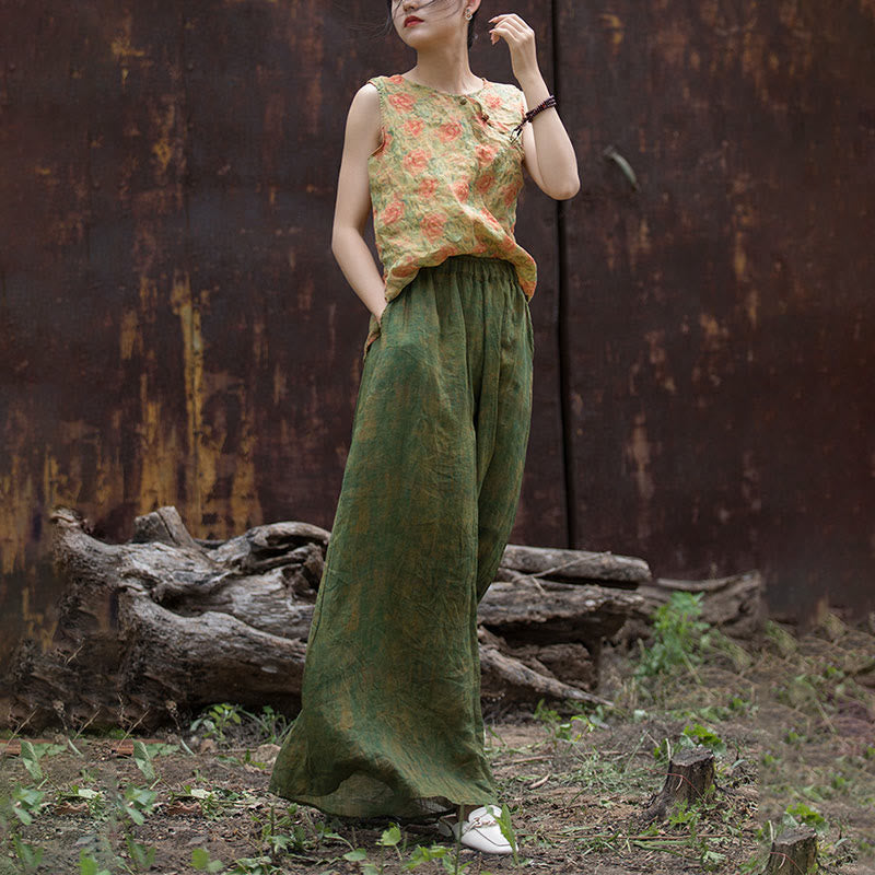 Buddha Stones Green Yellow Ramie Linen Flexible Waistband Wide Leg Pants With Pockets - image 26
