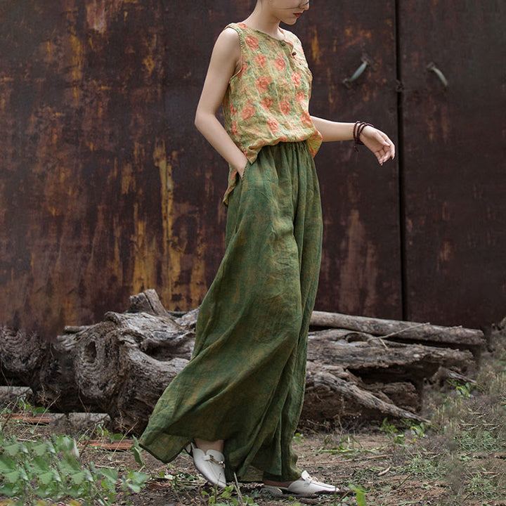 Buddha Stones Green Yellow Ramie Linen Flexible Waistband Wide Leg Pants With Pockets - image 25