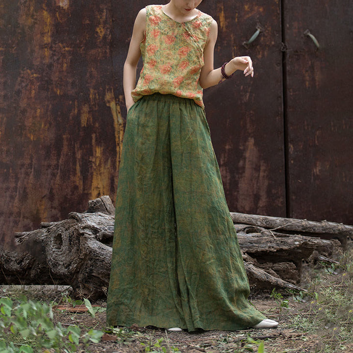 Buddha Stones Green Yellow Ramie Linen Flexible Waistband Wide Leg Pants With Pockets - image 20