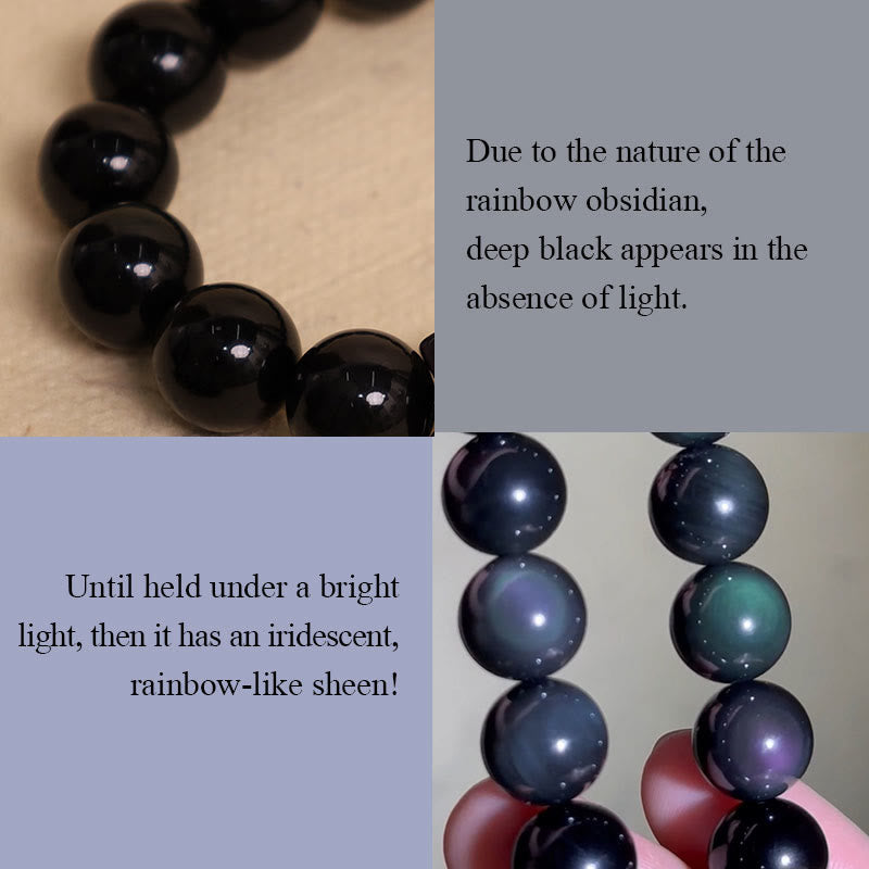 Buddha Stones Natural Black Obsidian Rainbow Obsidian Gourd Blessing Bracelet Mala - image 9