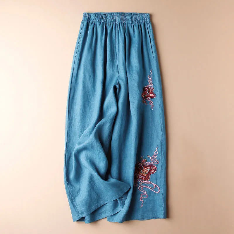 Buddha Stones Women Casual Loose Cotton Linen Embroidery Wide Leg Pants With Pockets - Blue - US12，UK/AU16，EU44 (3XL) - image 0