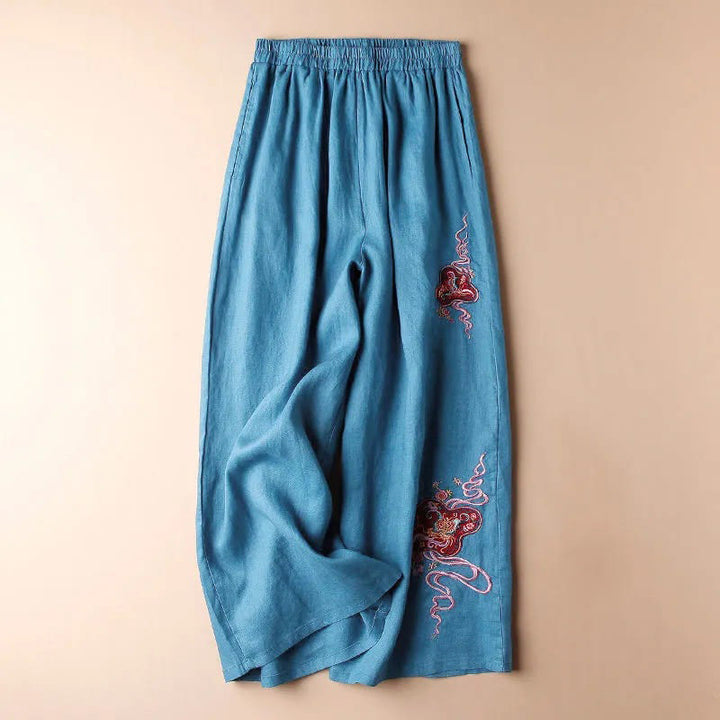 Buddha Stones Women Casual Loose Cotton Linen Embroidery Wide Leg Pants With Pockets - Blue - US12，UK/AU16，EU44 (3XL) - image 0