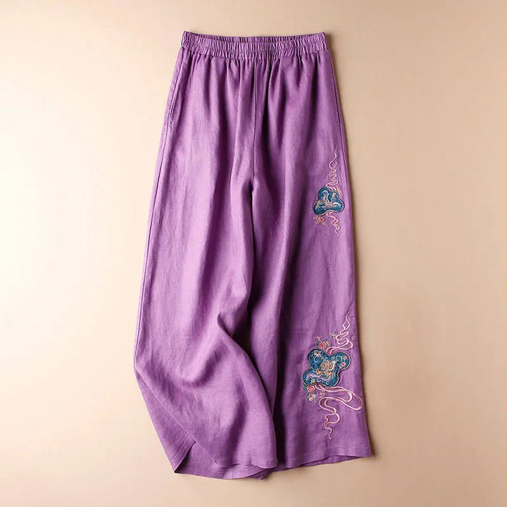 Buddha Stones Women Casual Loose Cotton Linen Embroidery Wide Leg Pants With Pockets - Purple - US12，UK/AU16，EU44 (3XL) - image 10