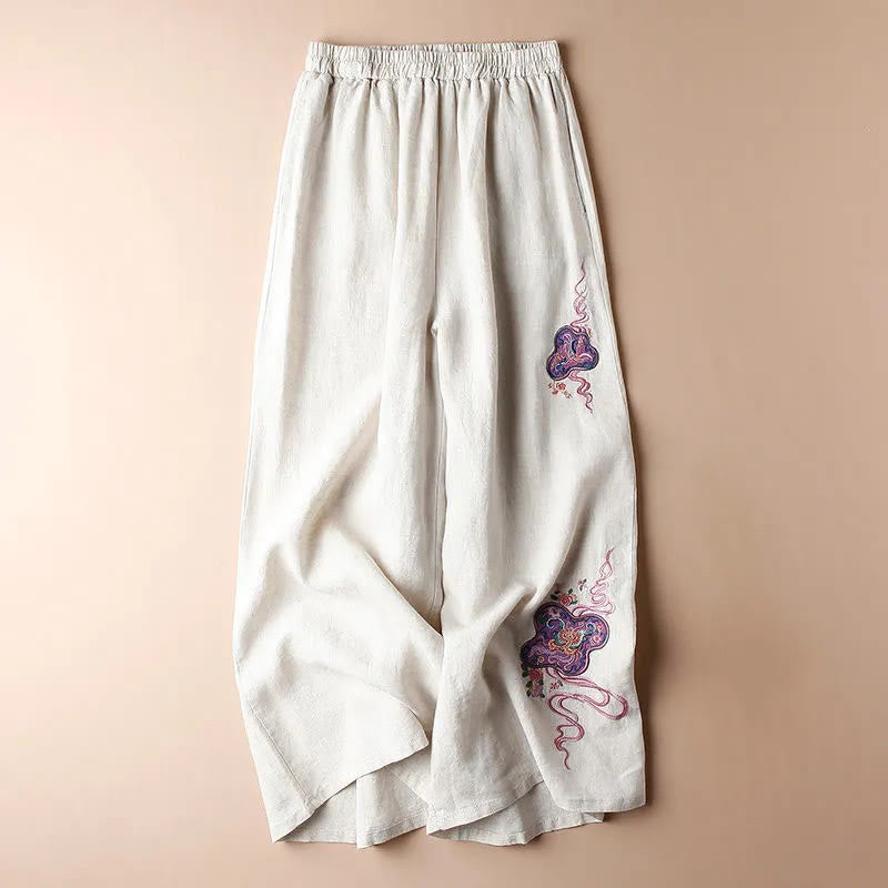 Buddha Stones Women Casual Loose Cotton Linen Embroidery Wide Leg Pants With Pockets - Beige - US12，UK/AU16，EU44 (3XL) - image 1