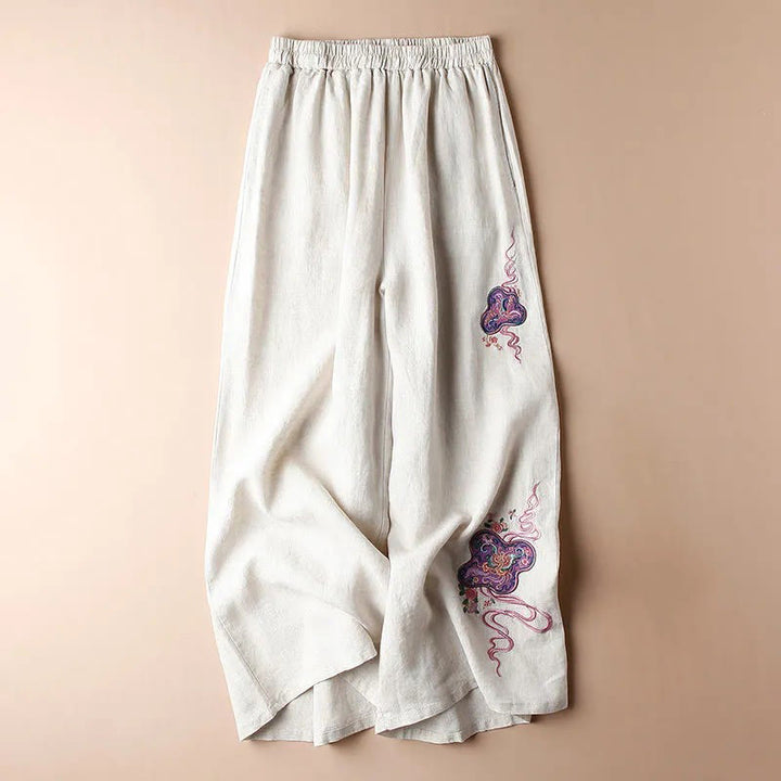 Buddha Stones Women Casual Loose Cotton Linen Embroidery Wide Leg Pants With Pockets - Beige - US12，UK/AU16，EU44 (3XL) - image 1