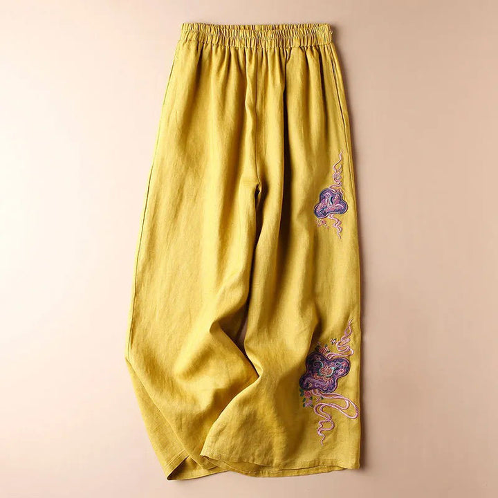 Buddha Stones Women Casual Loose Cotton Linen Embroidery Wide Leg Pants With Pockets - Yellow - US12，UK/AU16，EU44 (3XL) - image 9