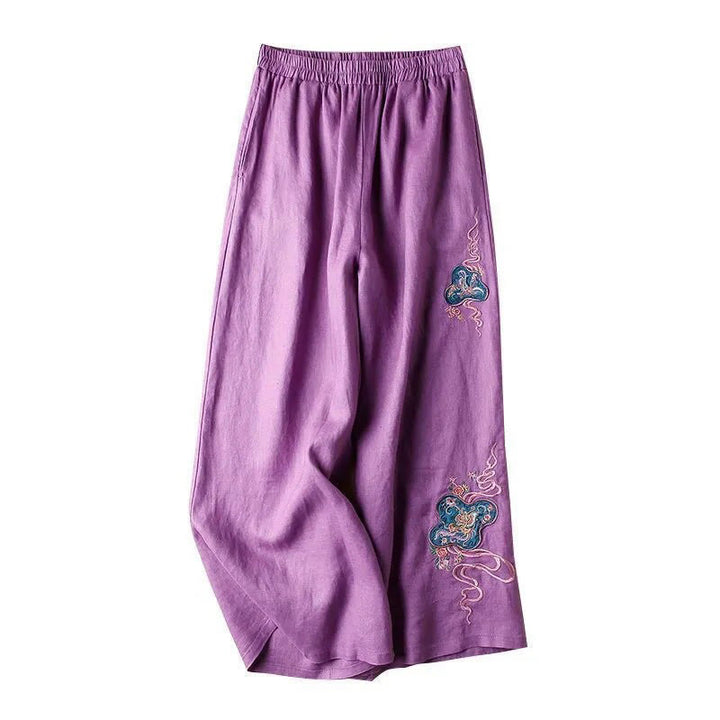 Buddha Stones Women Casual Loose Cotton Linen Embroidery Wide Leg Pants With Pockets - image 11