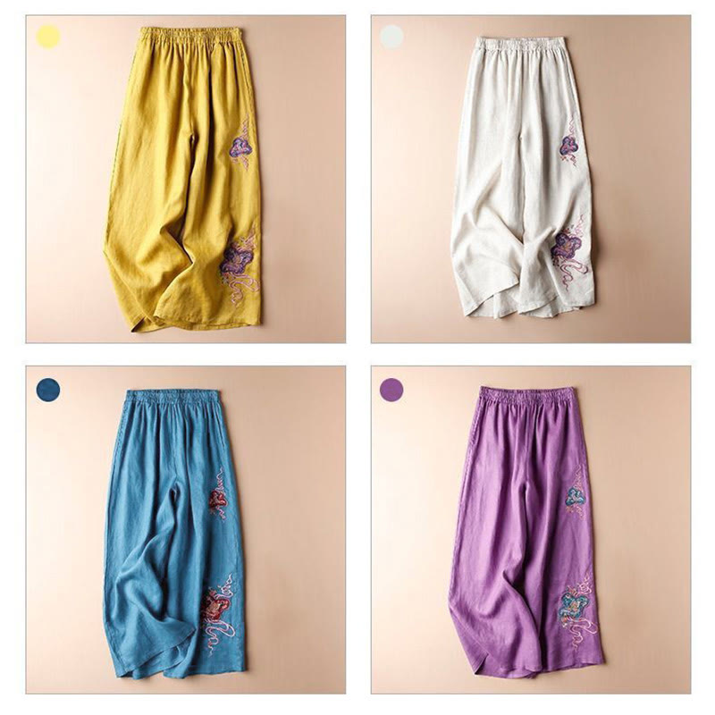 Buddha Stones Women Casual Loose Cotton Linen Embroidery Wide Leg Pants With Pockets - image 12