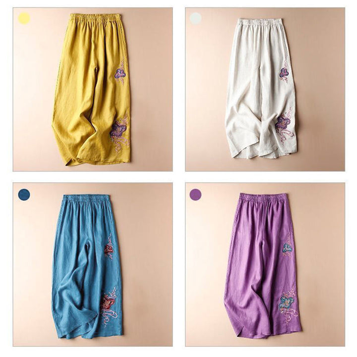 Buddha Stones Women Casual Loose Cotton Linen Embroidery Wide Leg Pants With Pockets - image 12