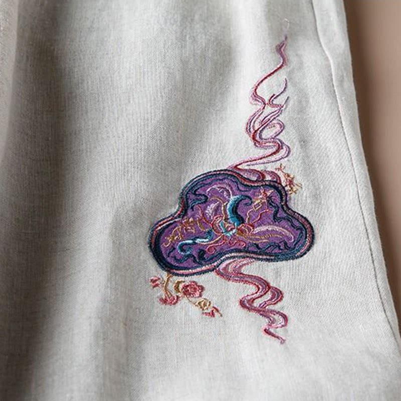 Buddha Stones Women Casual Loose Cotton Linen Embroidery Wide Leg Pants With Pockets - image 6