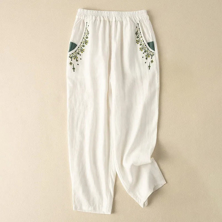 Buddha Stones Vintage Embroidery Elastic Waist Capri Harem Pants With Pockets - White - US14，UK/AU18，EU46 (4XL) - image 4