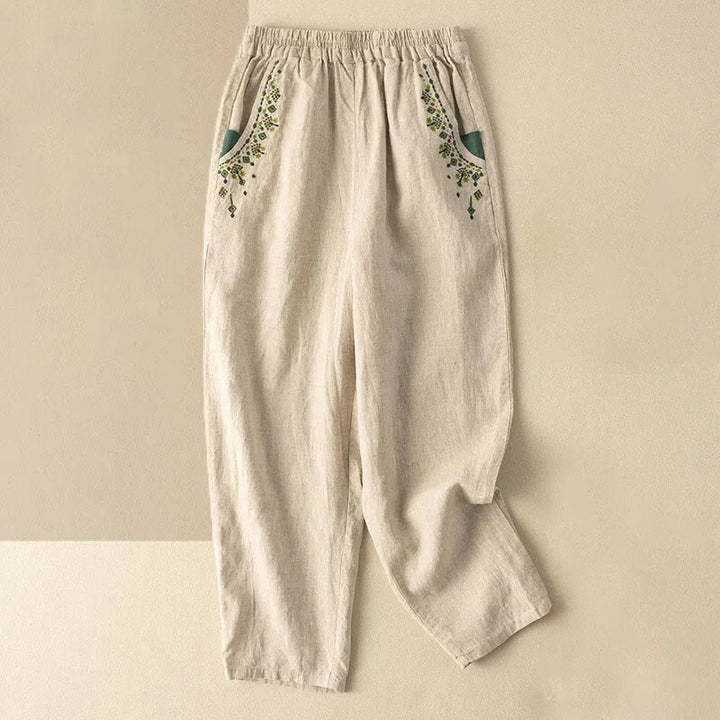 Buddha Stones Vintage Embroidery Elastic Waist Capri Harem Pants With Pockets - Apricot - US14，UK/AU18，EU46 (4XL) - image 13