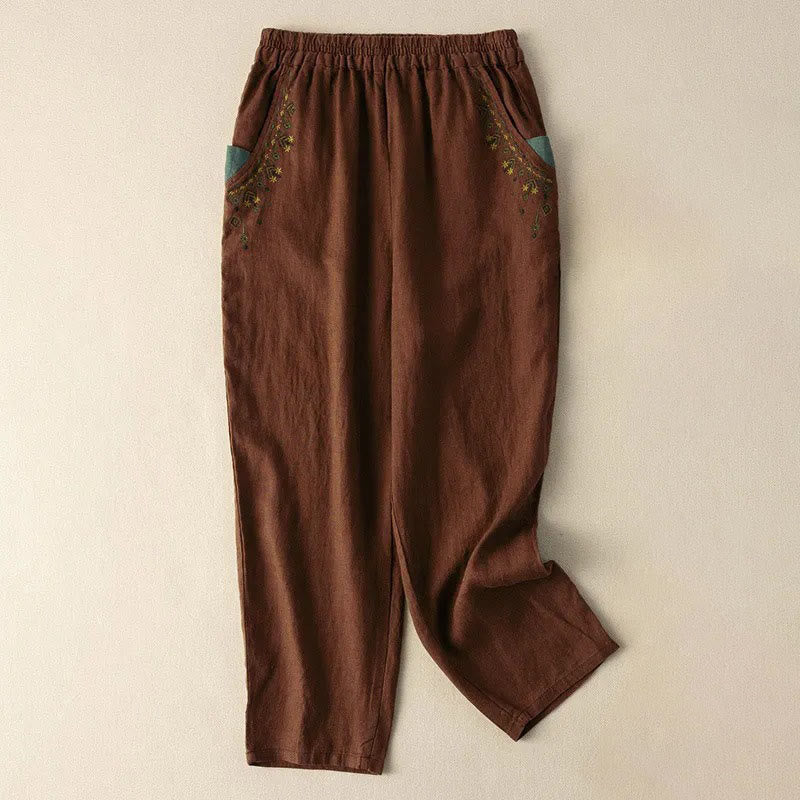 Buddha Stones Vintage Embroidery Elastic Waist Capri Harem Pants With Pockets - Brown - US14，UK/AU18，EU46 (4XL) - image 9