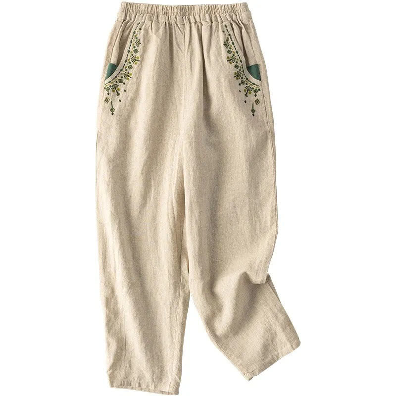 Buddha Stones Vintage Embroidery Elastic Waist Capri Harem Pants With Pockets - image 17