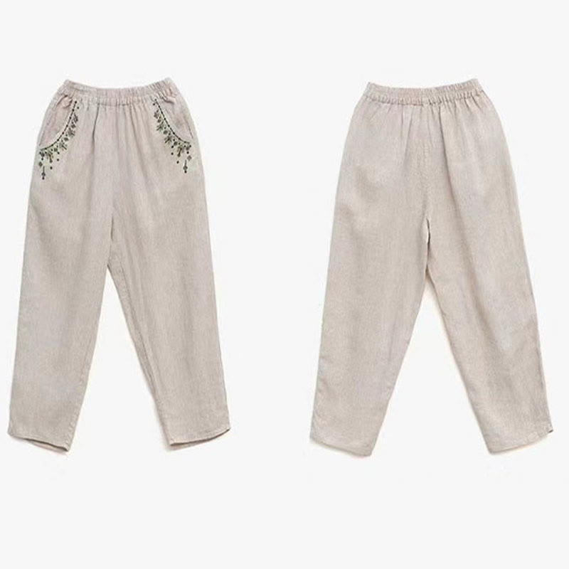 Buddha Stones Vintage Embroidery Elastic Waist Capri Harem Pants With Pockets - image 23