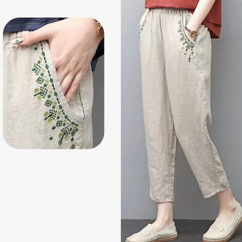 Buddha Stones Vintage Embroidery Elastic Waist Capri Harem Pants With Pockets - image 22