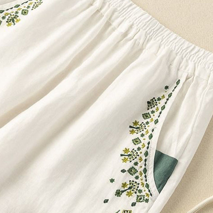 Buddha Stones Vintage Embroidery Elastic Waist Capri Harem Pants With Pockets - image 6