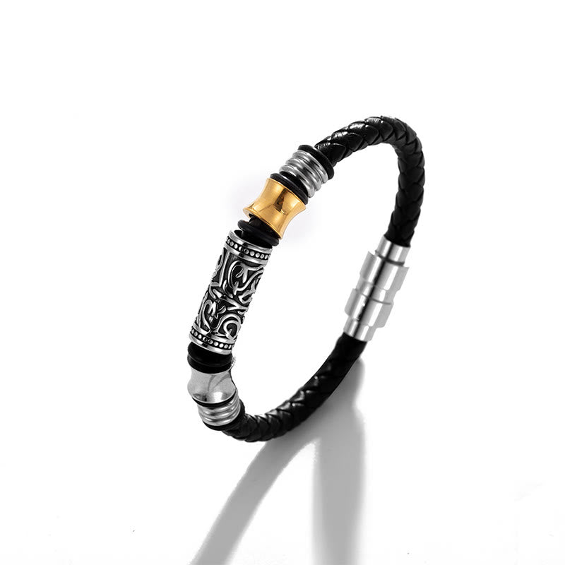 Buddha Stones Tang Dynasty Flower Design Luck Stainless Steel Buckle Leather Bracelet - image 6