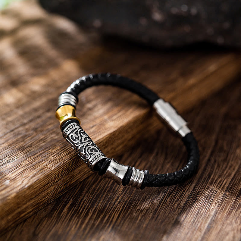 Buddha Stones Tang Dynasty Flower Design Luck Stainless Steel Buckle Leather Bracelet - 23cm fit for Wrist Circumference 21cm - image 0