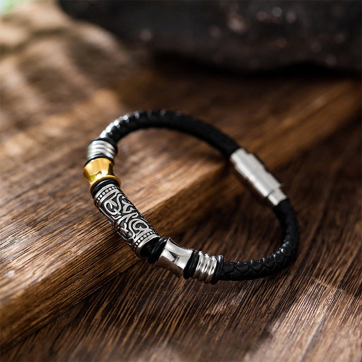 Buddha Stones Tang Dynasty Flower Design Luck Stainless Steel Buckle Leather Bracelet - 23cm fit for Wrist Circumference 21cm - image 0