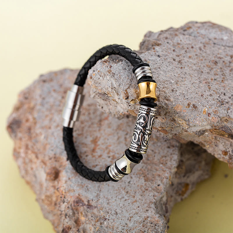 Buddha Stones Tang Dynasty Flower Design Luck Stainless Steel Buckle Leather Bracelet - image 1