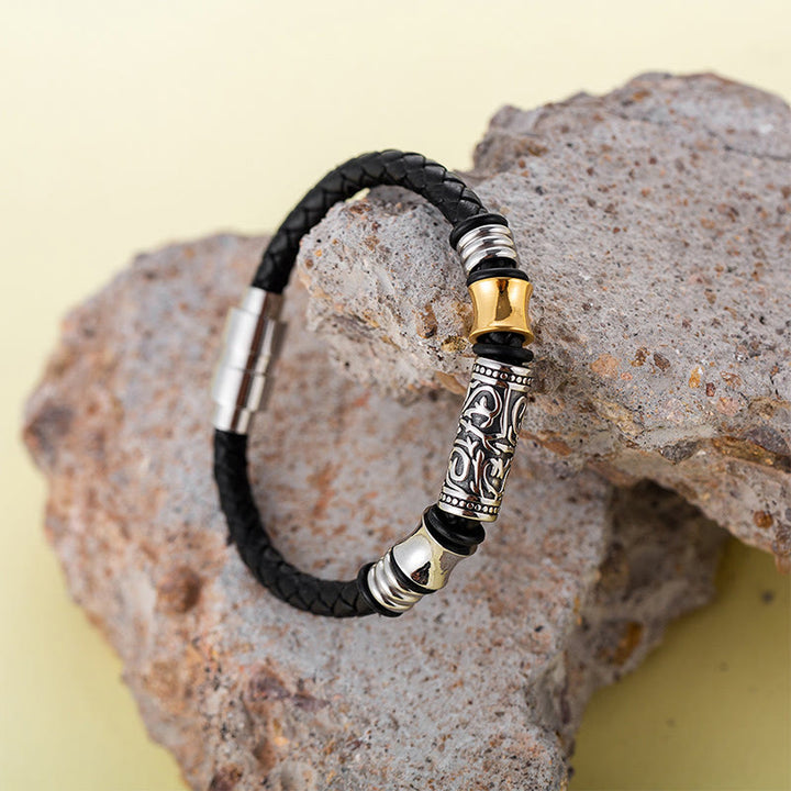 Buddha Stones Tang Dynasty Flower Design Luck Stainless Steel Buckle Leather Bracelet - image 1
