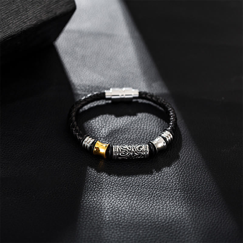 Buddha Stones Tang Dynasty Flower Design Luck Stainless Steel Buckle Leather Bracelet - image 4